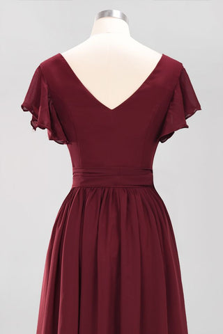 Elegant A-line V-Neck Short Sleeve Bridesmaid Dresses with Bow Sash Floor-Length Chiffon Evening Dress