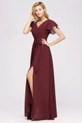 Elegant A-line V-Neck Short Sleeve Bridesmaid Dresses with Bow Sash Floor-Length Chiffon Evening Dress by misshow.com