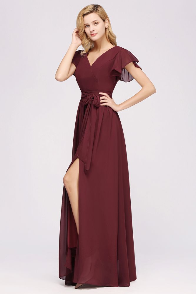 Elegant A-line V-Neck Short Sleeve Bridesmaid Dresses with Bow Sash Floor-Length Chiffon Evening Dress