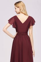 Elegant A-line V-Neck Short Sleeve Bridesmaid Dresses with Bow Sash Floor-Length Chiffon Evening Dress