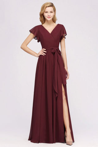 Elegant A-line V-Neck Short Sleeve Bridesmaid Dresses with Bow Sash Floor-Length Chiffon Evening Dress