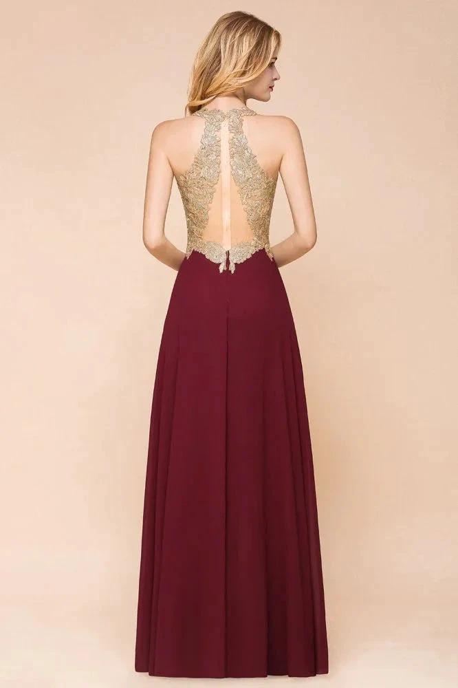 Women's Gold Appliques Evening Formal Dress Chiffon Lace Prom Long Ball Gown by misshow.com