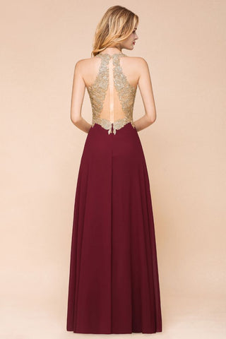Women's Gold Appliques Evening Formal Dress Chiffon Lace Prom Long Ball Gown