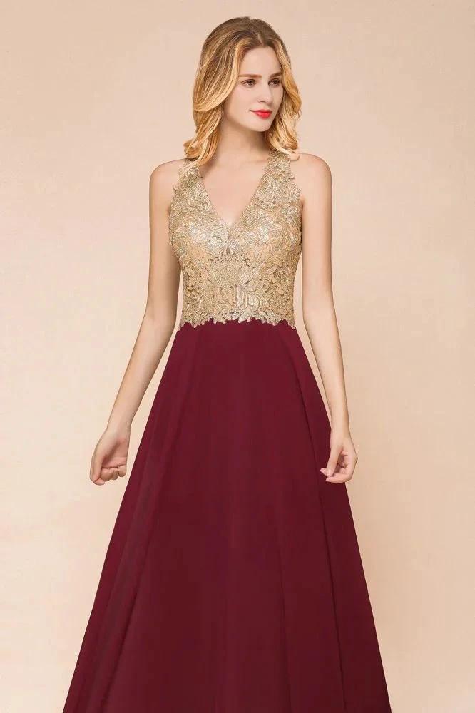 Women's Gold Appliques Evening Formal Dress Chiffon Lace Prom Long Ball Gown by misshow.com