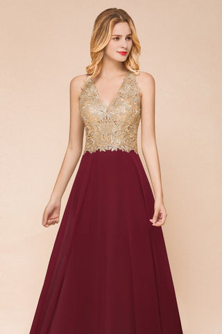 Women's Gold Appliques Evening Formal Dress Chiffon Lace Prom Long Ball Gown