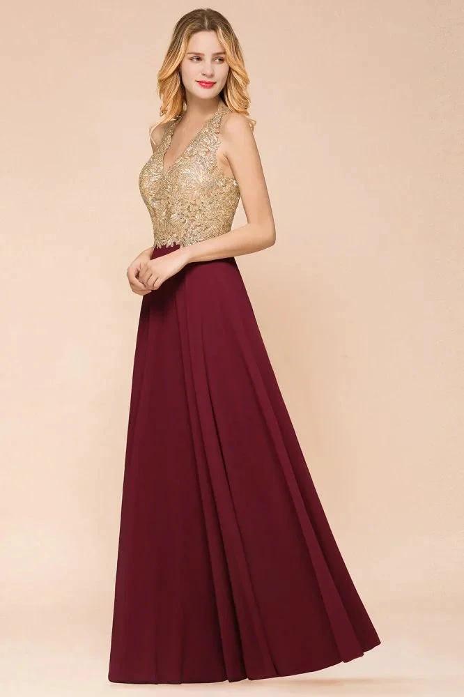 Women's Gold Appliques Evening Formal Dress Chiffon Lace Prom Long Ball Gown by misshow.com