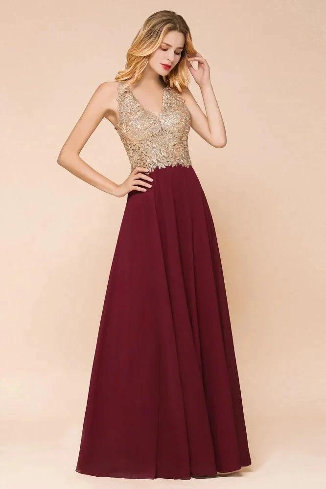 Women's Gold Appliques Evening Formal Dress Chiffon Lace Prom Long Ball Gown by misshow.com