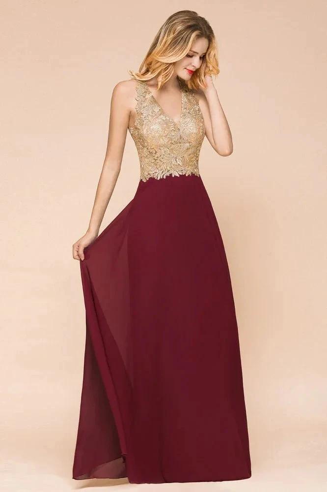 Women's Gold Appliques Evening Formal Dress Chiffon Lace Prom Long Ball Gown by misshow.com