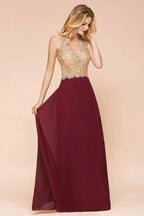 Women's Gold Appliques Evening Formal Dress Chiffon Lace Prom Long Ball Gown by misshow.com