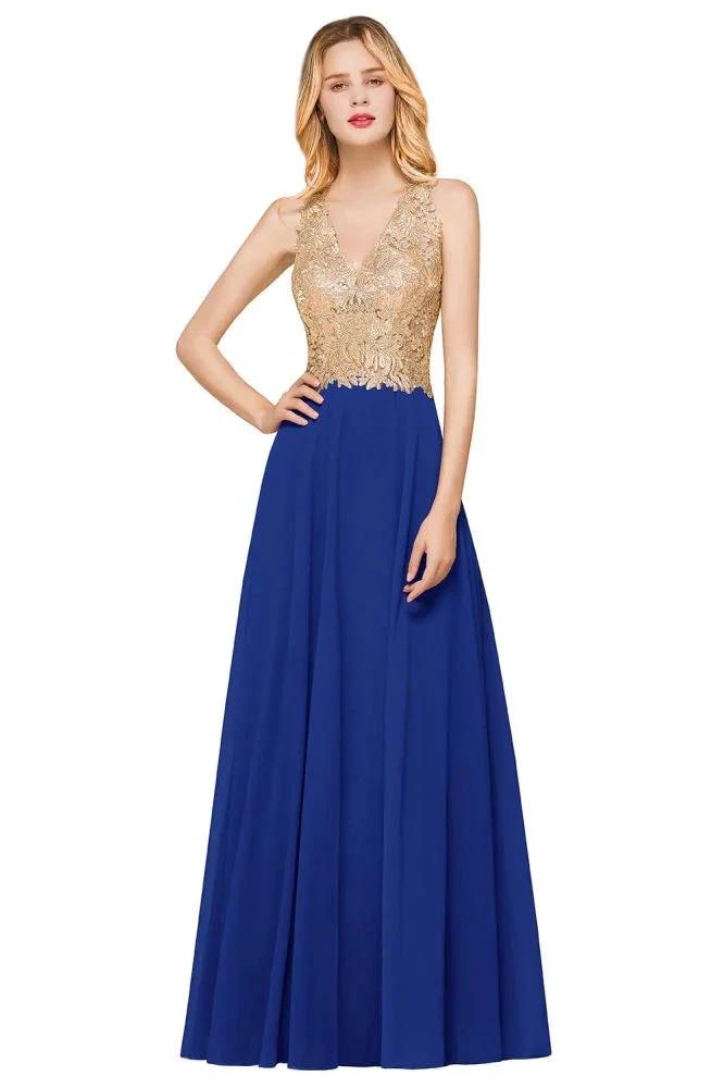 Women's Gold Appliques Evening Formal Dress Chiffon Lace Prom Long Ball Gown by misshow.com