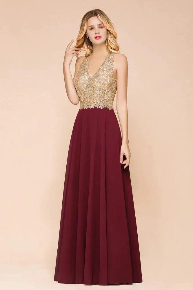 Women's Gold Appliques Evening Formal Dress Chiffon Lace Prom Long Ball Gown by misshow.com