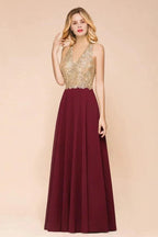 Women's Gold Appliques Evening Formal Dress Chiffon Lace Prom Long Ball Gown by misshow.com