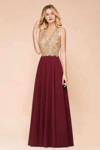 Women's Gold Appliques Evening Formal Dress Chiffon Lace Prom Long Ball Gown