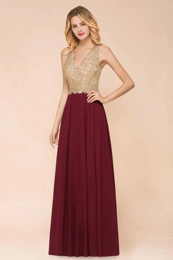 Women's Gold Appliques Evening Formal Dress Chiffon Lace Prom Long Ball Gown by misshow.com