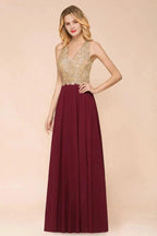 Women's Gold Appliques Evening Formal Dress Chiffon Lace Prom Long Ball Gown by misshow.com