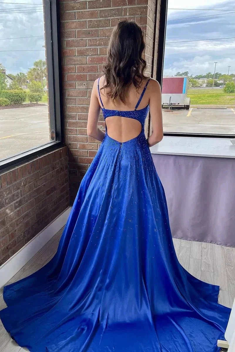 Misty | A Line V Neck Satin Long Prom Dresses with Beading by KissProm