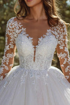 Modern A-line Lace Tulle Appliques Wedding Dress With Long Sleeves by misshow.com
