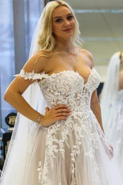 Modern A-line Off-the-shoulder Sleeveless Wedding Dresses With Lace by misshow.com