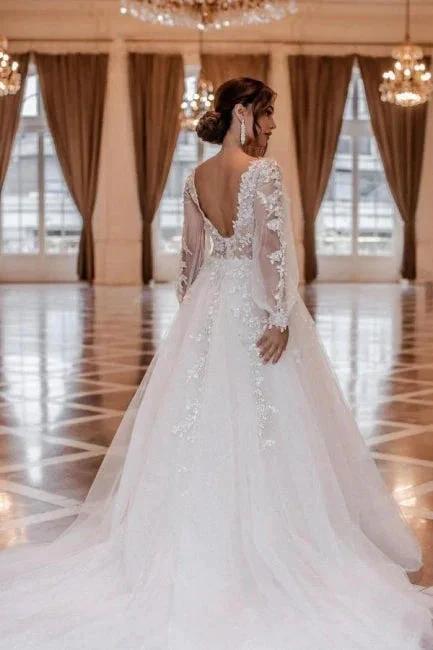 Modern A-line V-neck Lace Wedding Dresses With Long Sleeves by misshow.com
