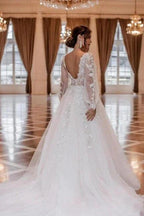 Modern A-line V-neck Lace Wedding Dresses With Long Sleeves by misshow.com