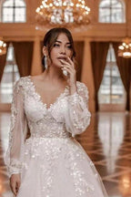 Modern A-line V-neck Lace Wedding Dresses With Long Sleeves by misshow.com