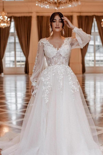 Modern A-line V-neck Lace Wedding Dresses With Long Sleeves Hover Image