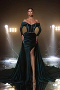 Modern Dark Green A-line Off-the-shoulder Long Sleeves Velvet Prom Dress With Slit by misshow.com