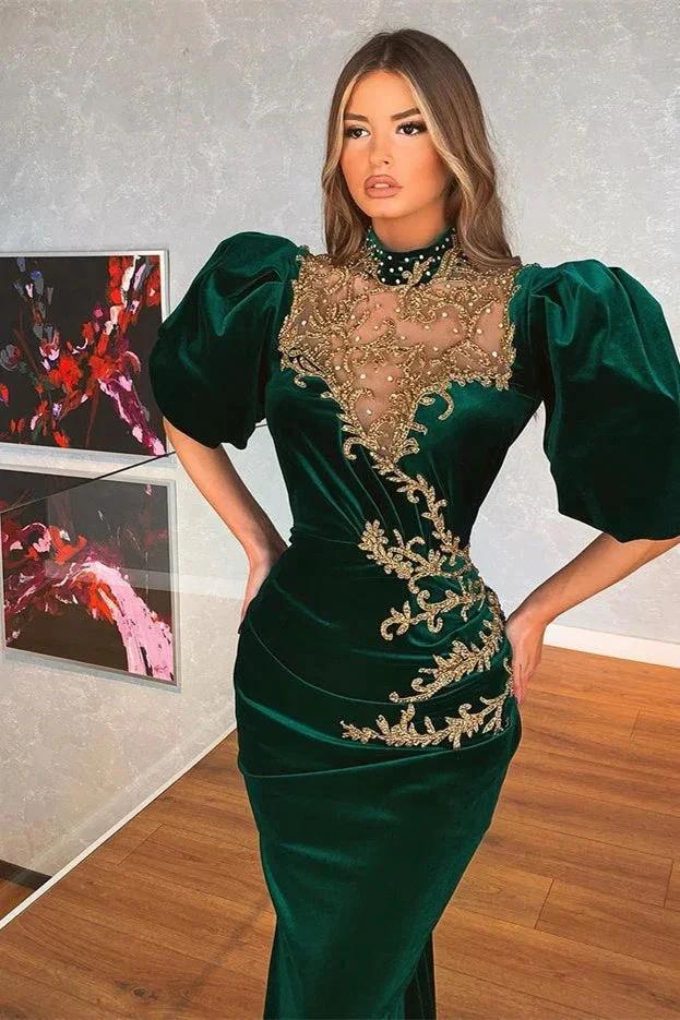 Modern Dark Green Bubble Sleeves Mermaid Prom Dress With Appliques by misshow.com