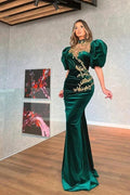 Modern Dark Green Bubble Sleeves Mermaid Prom Dress With Appliques by misshow.com