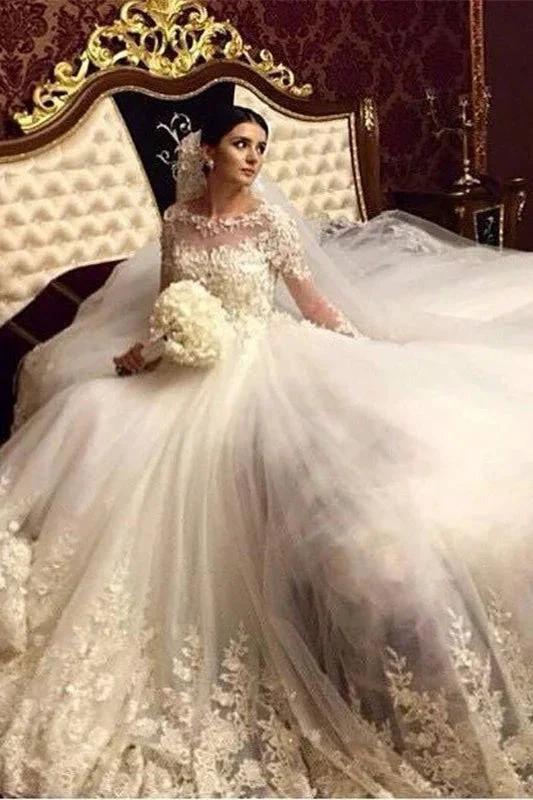 Modern Elegant Wedding Dress Stunning Long Appliques Sleeved Arabic Bridal Wears by misshow.com