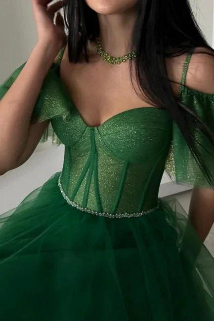 Modern Long A-line Green Off-the-shoulder Tulle Sweetheart Prom Dress with Glitter by misshow.com