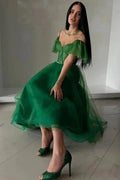 Modern Long A-line Green Off-the-shoulder Tulle Sweetheart Prom Dress with Glitter by misshow.com