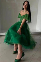 Modern Long A-line Green Off-the-shoulder Tulle Sweetheart Prom Dress with Glitter by misshow.com