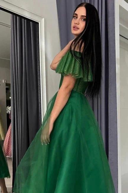 Modern Long A-line Green Off-the-shoulder Tulle Sweetheart Prom Dress with Glitter by misshow.com