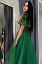 Modern Long A-line Green Off-the-shoulder Tulle Sweetheart Prom Dress with Glitter by misshow.com
