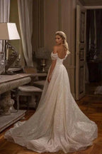 Modern Long A-line Off-the-shoulder Glitter Sleeveless Wedding Dresses by misshow.com