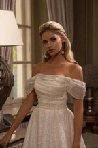 Modern Long A-line Off-the-shoulder Glitter Sleeveless Wedding Dresses by misshow.com