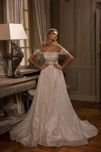 Modern Long A-line Off-the-shoulder Glitter Sleeveless Wedding Dresses by misshow.com