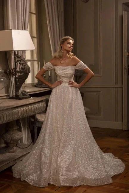 Modern Long A-line Off-the-shoulder Glitter Sleeveless Wedding Dresses by misshow.com