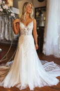 Modern Long A-line Spaghetti Straps Lace Sleeveless Wedding Dress by misshow.com