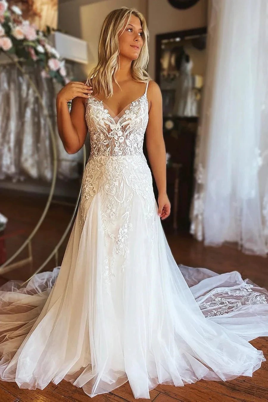 Modern Long A-line Spaghetti Straps Lace Sleeveless Wedding Dress by misshow.com