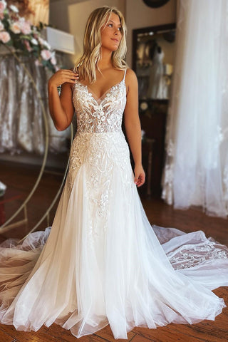 Modern Long A-line Spaghetti Straps Lace Sleeveless Wedding Dress