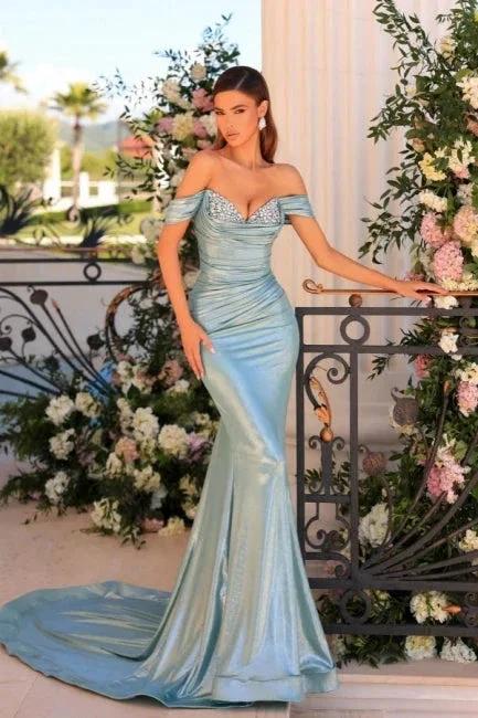 Modern Long Blue Mermaid Off-the-shoulder Sleeveless Prom Dress with Glitter by misshow.com