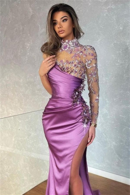 Modern Long Glitter Long Sleeves Mermaid Prom Dress With Slit Hover Image