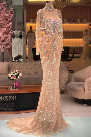 Vestido de fiesta moderno de sirena largo con cuentas, mangas largas y cola