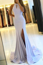 Modern Long Mermaid Halter Keyhole Backless Prom Dress With Slit by BIZTUNNEL