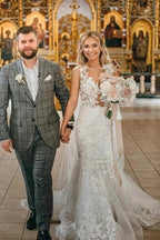 Modern Long Mermaid Sleeveless Appliques Wedding Dresses With Lace by misshow.com