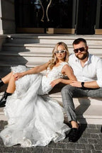 Modern Long Mermaid Sleeveless Appliques Wedding Dresses With Lace by misshow.com