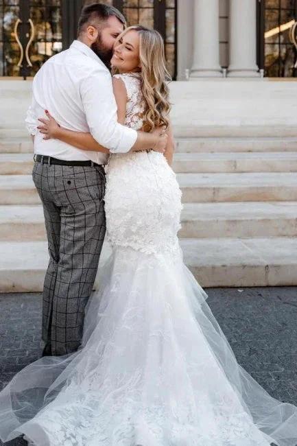 Modern Long Mermaid Sleeveless Appliques Wedding Dresses With Lace by misshow.com