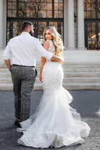Modern Long Mermaid Sleeveless Appliques Wedding Dresses With Lace by misshow.com